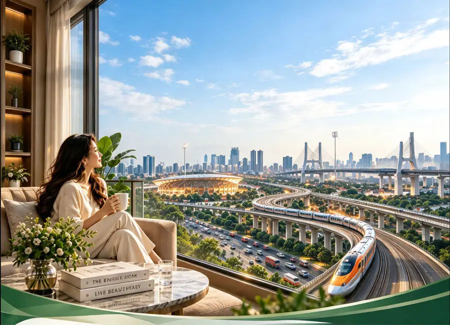 Phối cảnh view từ căn 1PN Greenera Southmark: người phụ nữ ngồi bên cửa sổ, nhìn ra cầu Ngọc Hồi, metro và đô thị hiện đại
